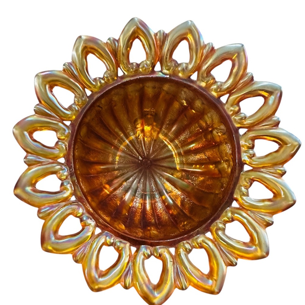 Vintage Northwood Carnival Glass Wild Rose open Lace Marigold 3- Foot Candy Bowl